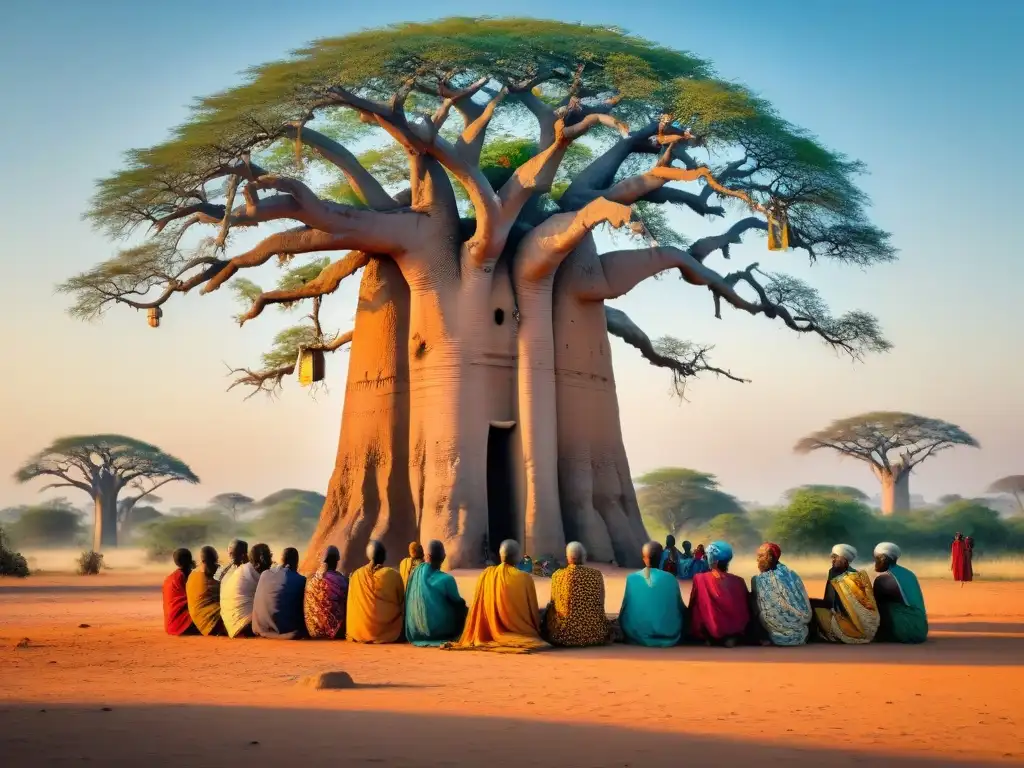 Un grupo de ancianos en un pueblo africano bajo un baobab, transmitiendo sabiduría