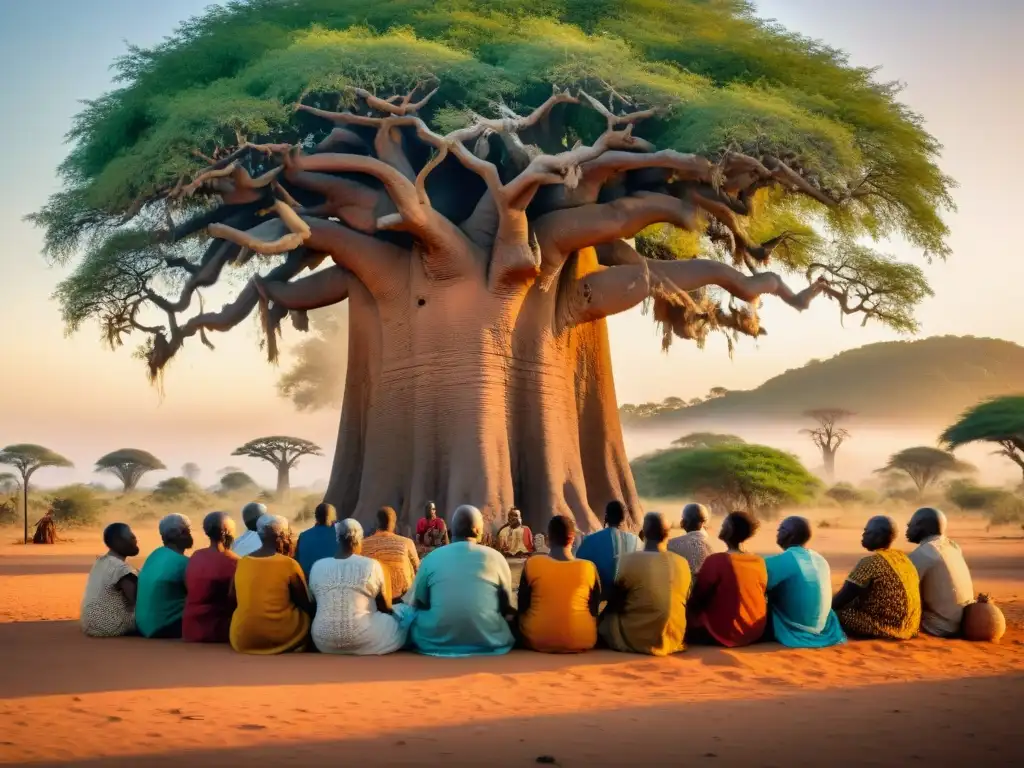 Un grupo de ancianos comparte relatos orales de antiguas civilizaciones africanas bajo un baobab, rodeados de niños atentos al atardecer