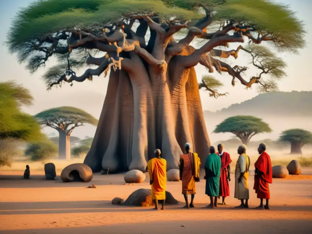 Grupo de ancianos realizando ritual bajo baobab al atardecer, evocando legado espiritual imperios africanos antiguos