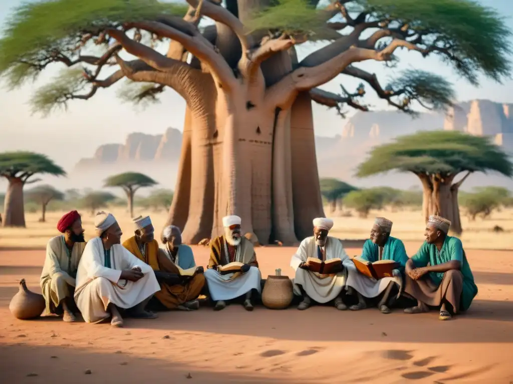 Grupo de ancianos sahelianos bajo un baobab, discutiendo en lenguas precoloniales del Sahel