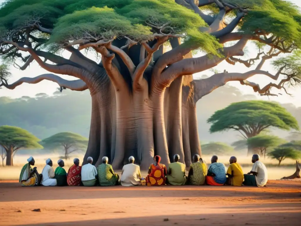 Un grupo de ancianos tanzanos bajo un majestuoso baobab, discutiendo sabiamente