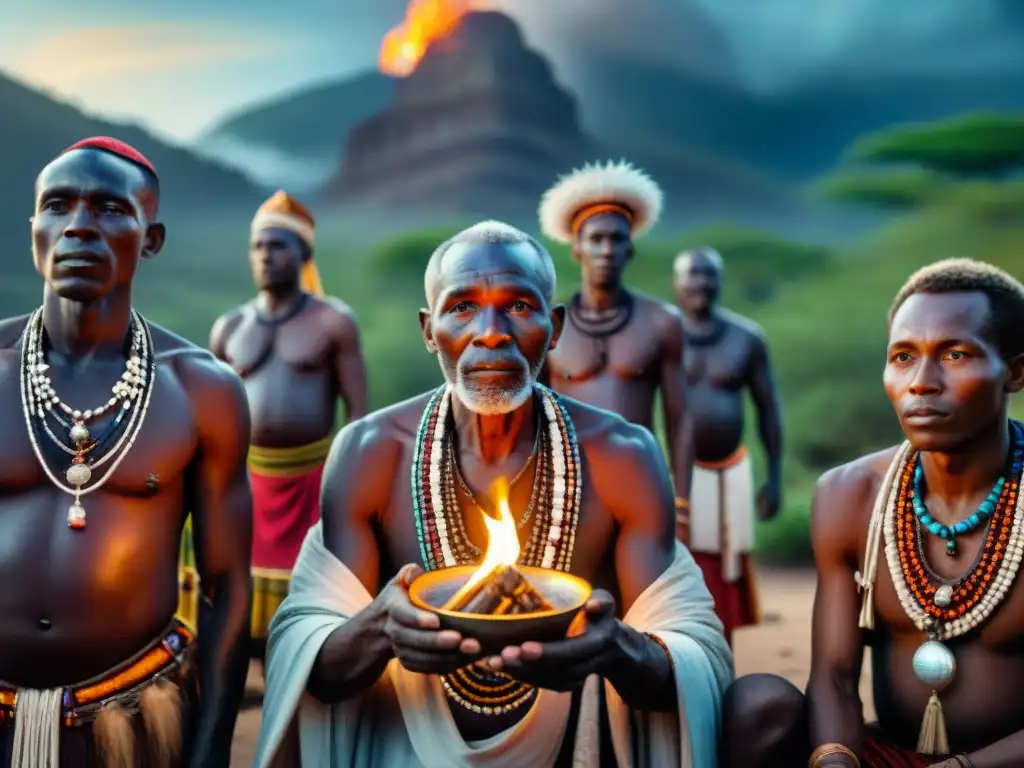 Grupo de ancianos tribales africanos realizando un ritual alrededor del fuego, bendiciendo amuletos de protección en África