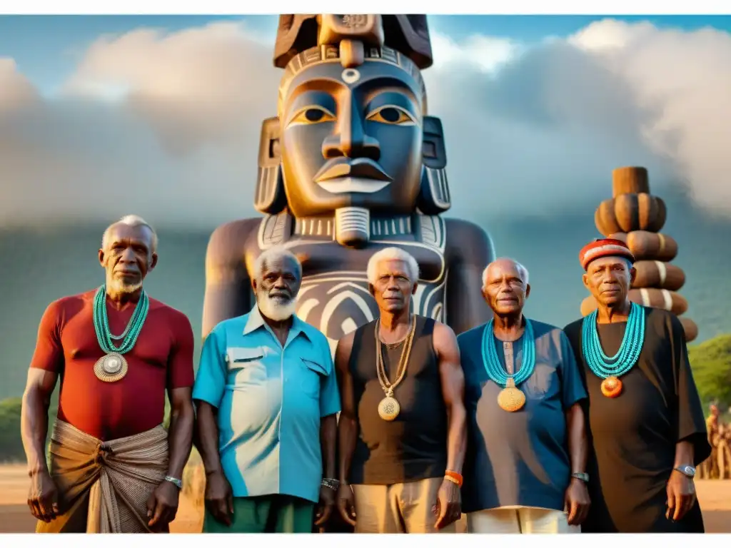 Sabiduría ancestral: Ancianos tribales junto al totem Un grupo de ancianos tribales en atuendo africano tradicional frente a un tótem