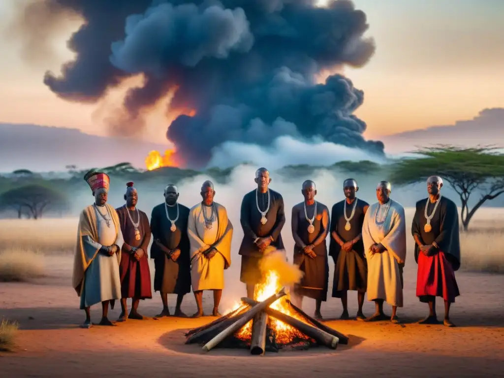 Un grupo de ancianos tribales en un ritual funerario africano al atardecer