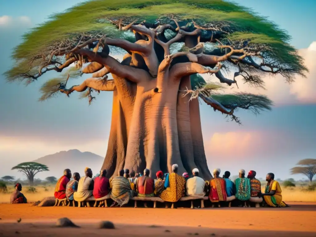 'Grupo de ancianos de una tribu africana bajo un baobab, destacando la diversidad cultural