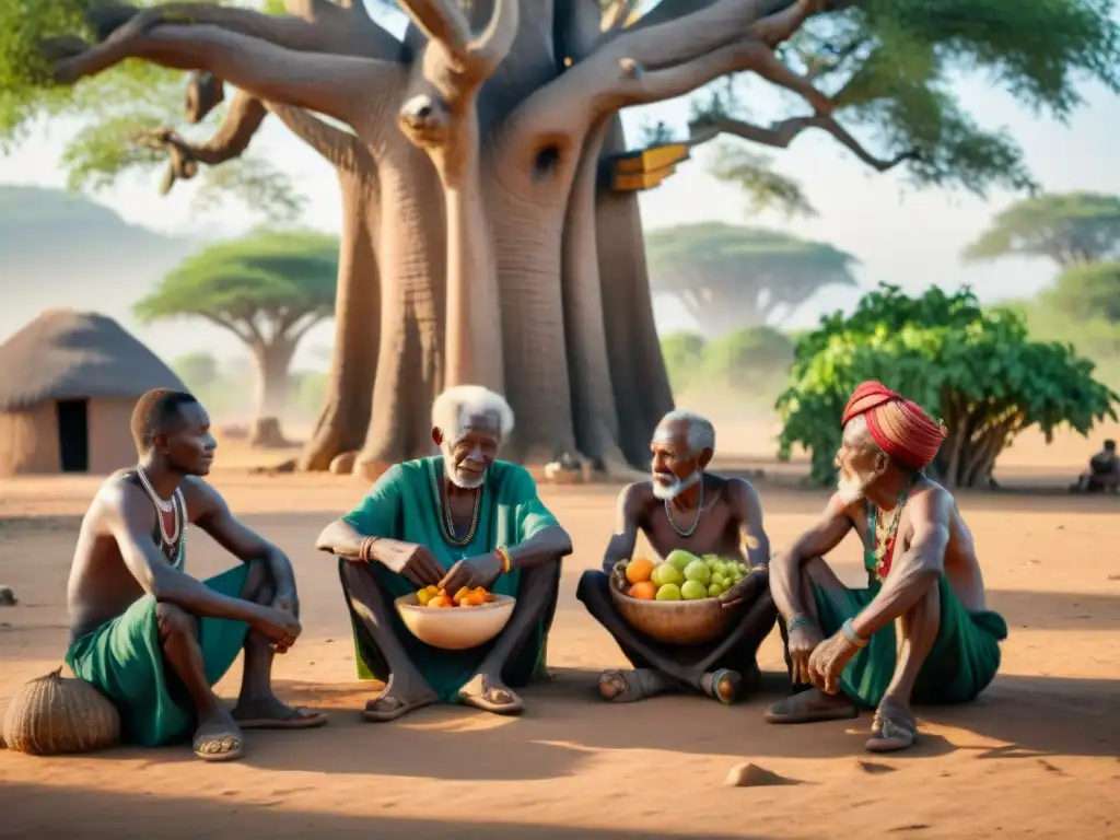 Grupo de ancianos de tribu africana bajo un baobab, compartiendo secretos longevidad con dieta natural