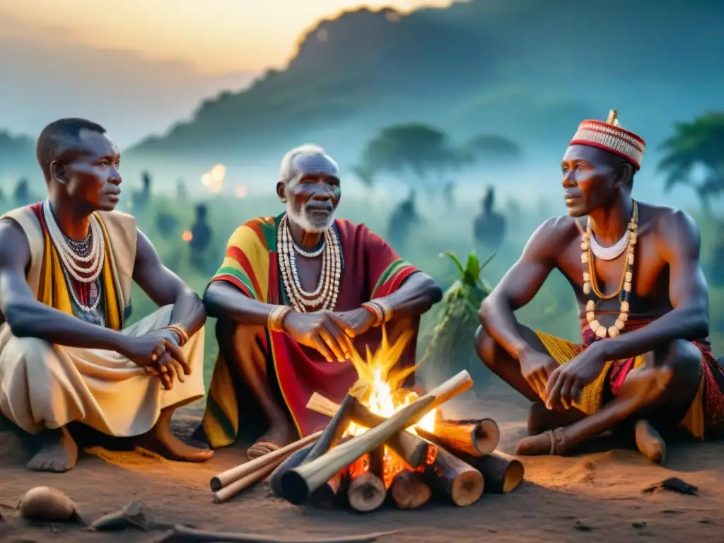 Grupo de ancianos de tribus africanas en fogata estrellada, compartiendo historias con instrumentos tradicionales