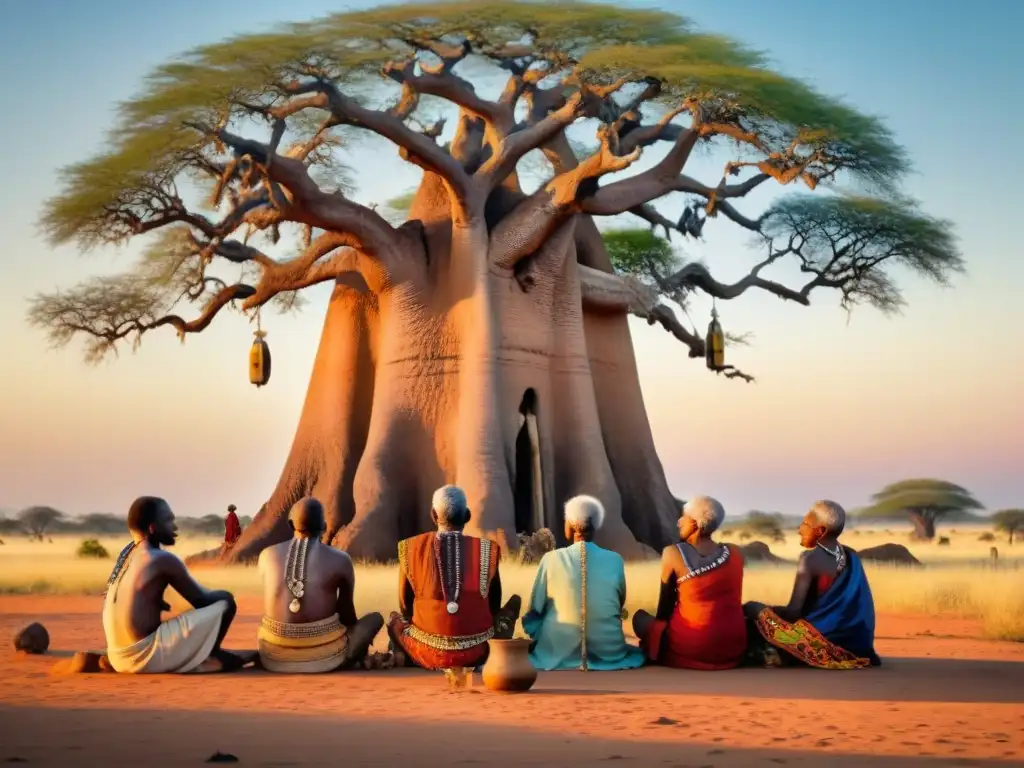 Un grupo de ancianos de diversas tribus africanas se reúne bajo un baobab, con el sol poniéndose en la sabana