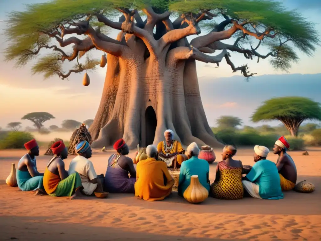 Grupo de ancianos de tribus africanas bajo un Baobab, interpretación sueños culturas africanas