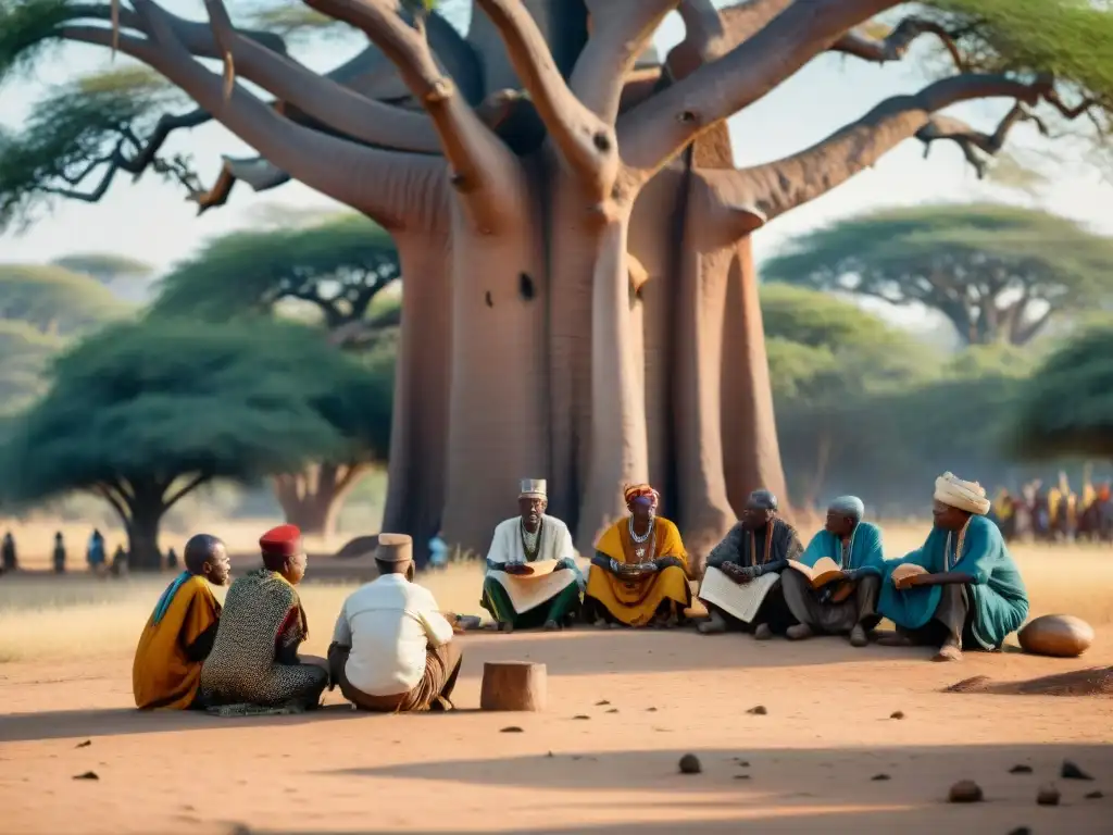 Grupo de ancianos de tribus africanas discuten bajo un baobab con manuscritos antiguos