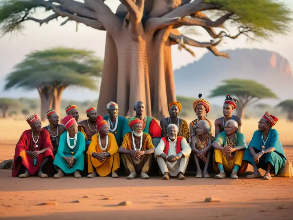 Un grupo de ancianos de diversas tribus africanas se reúne bajo un baobab para discutir la revitalización lingüística en África