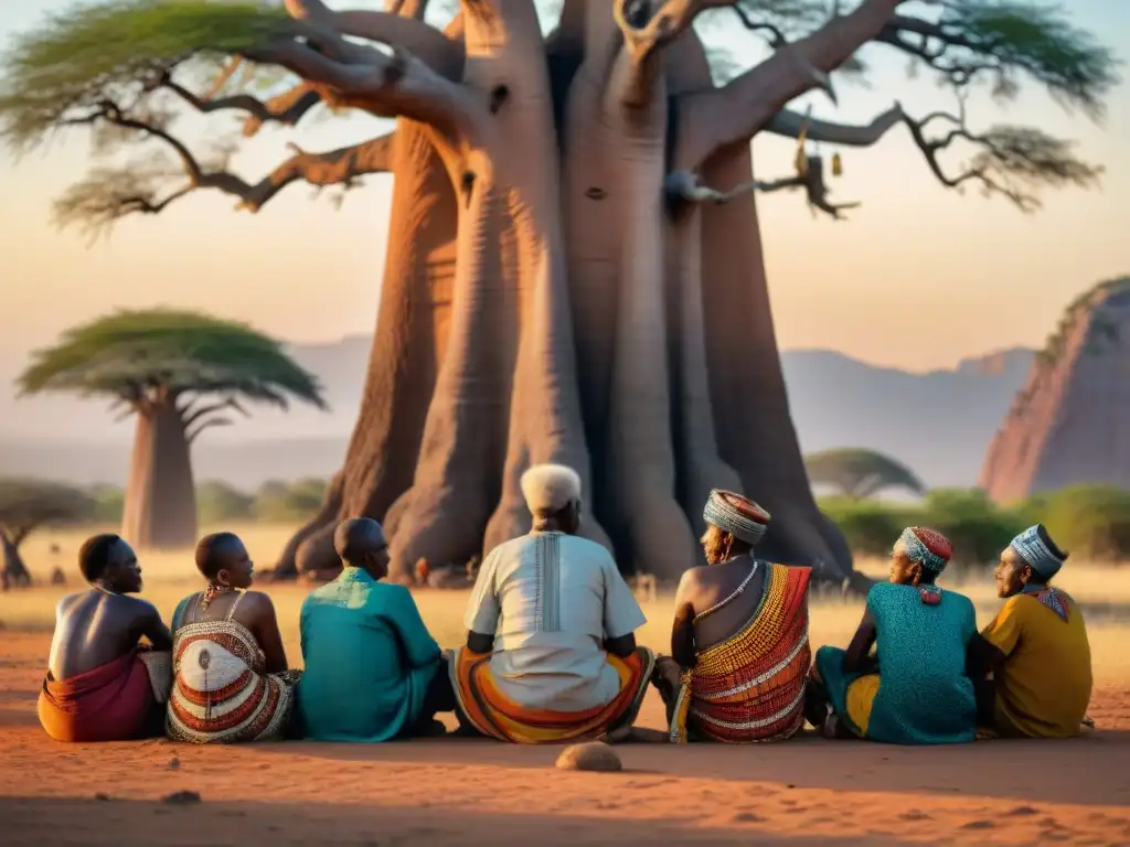 Grupo de ancianos de diferentes tribus africanas compartiendo historias bajo un Baobab al atardecer