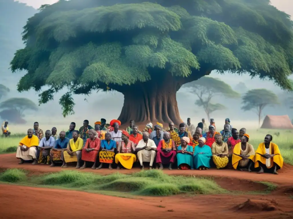 Un grupo de ancianos ugandeses y niños en un pueblo, entre tradición y modernidad en Uganda