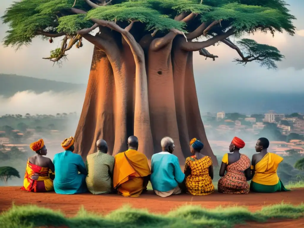 Un grupo de ancianos ugandeses en trajes tradicionales coloridos bajo un baobab, debatiendo animadamente