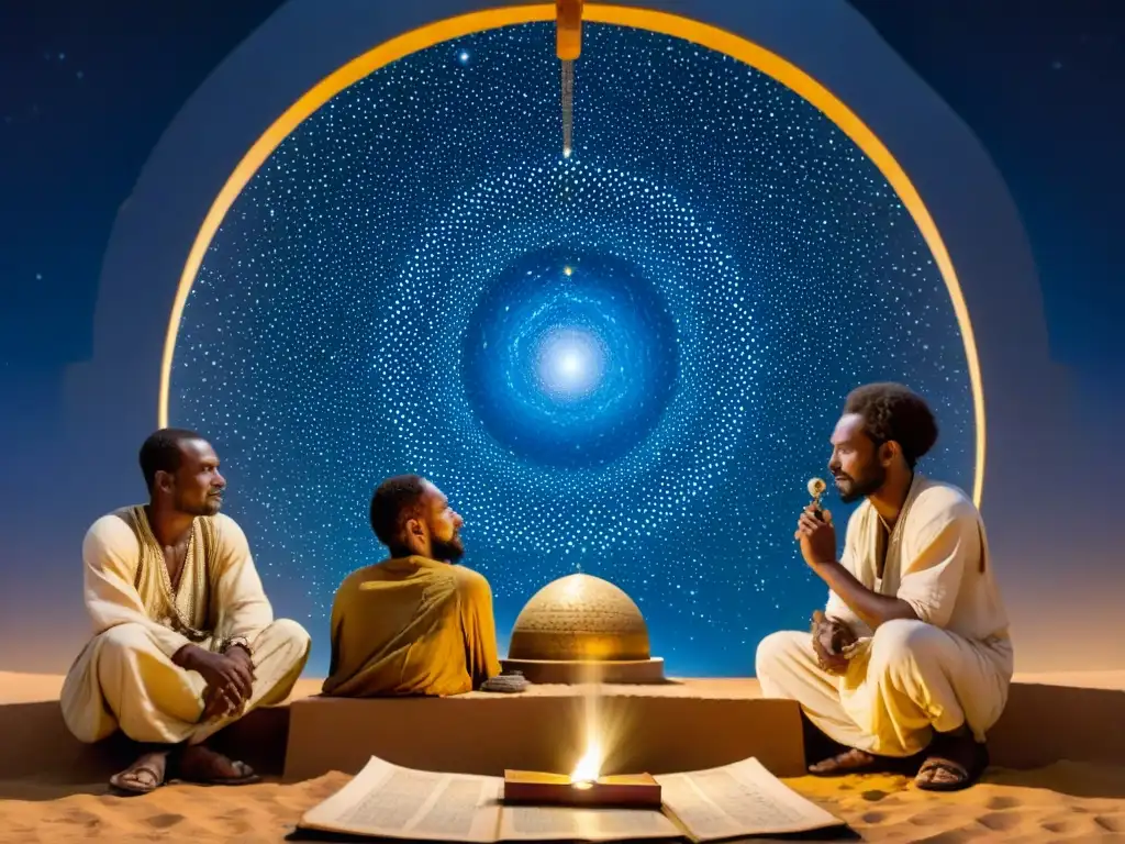 Grupo de antiguos astrónomos africanos en Timbuktu estudiando el cielo nocturno con mapas celestes e instrumentos