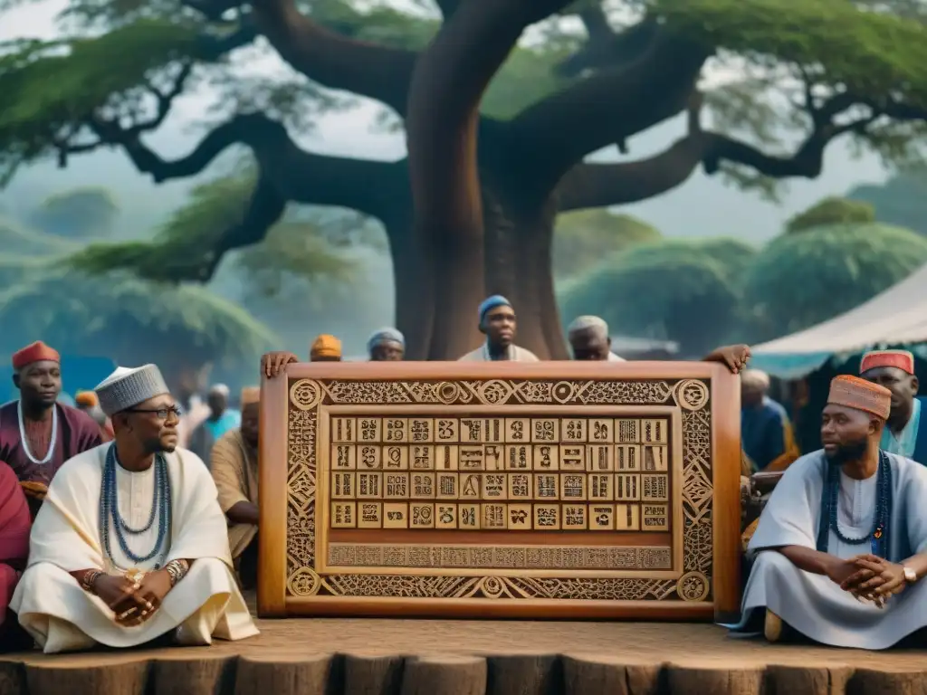 Un grupo de ancianos Yoruba discuten bajo un árbol, con un tablero de Sistema numeral Yoruba matemáticas africanas, en un mercado bullicioso