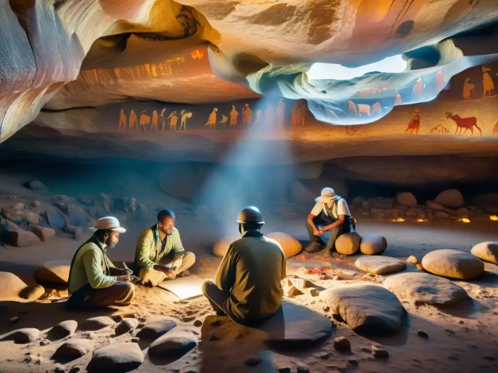 Un grupo de arqueólogos documentando arte rupestre de civilizaciones africanas en una remota cueva, con determinación y colaboración académica