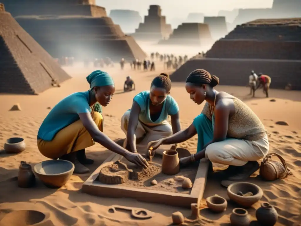 Grupo de arqueólogos excavando artefactos africanos antiguos en un yacimiento, con un mensaje ancestral en artefactos africanos