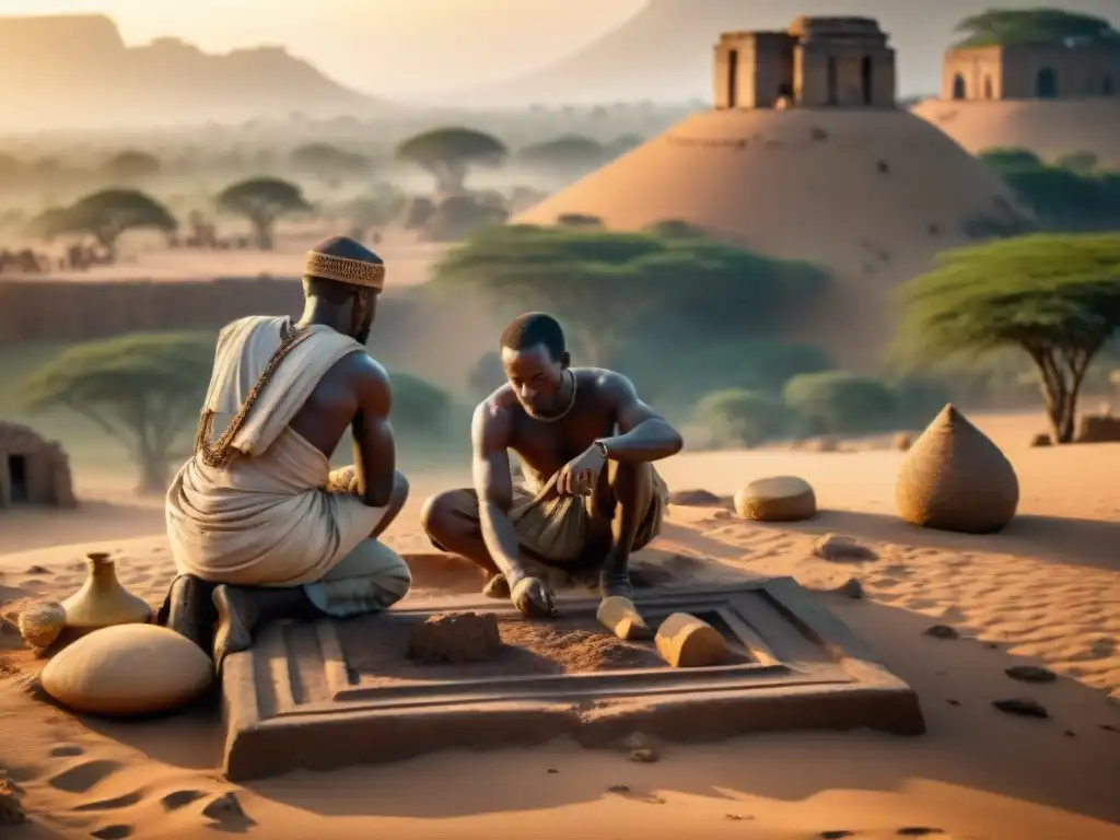 Grupo de arqueólogos excavando en África al atardecer, utilizando tecnología de Realidad Aumentada en sitios arqueológicos