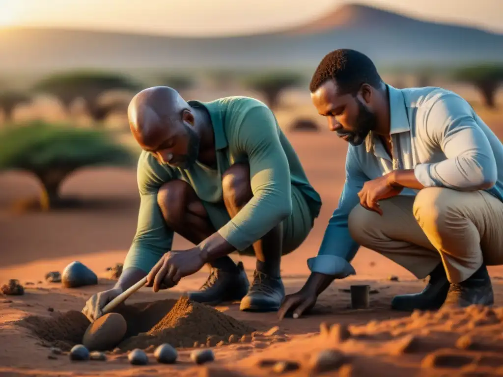 Un grupo de arqueólogos excava con cuidado en la sabana africana al atardecer, descubriendo fragmentos que revelan linajes ancestrales africanos