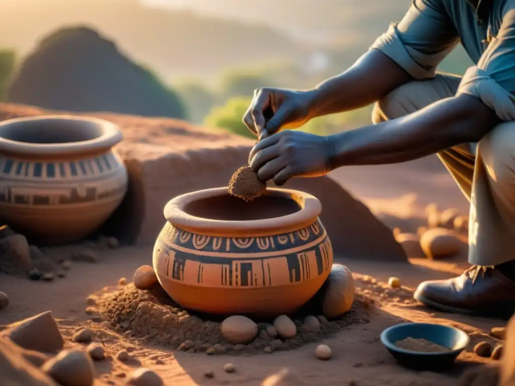 Un grupo de arqueólogos excava con cuidado en un sitio africano al atardecer, descubriendo artefactos con influencia histórica única