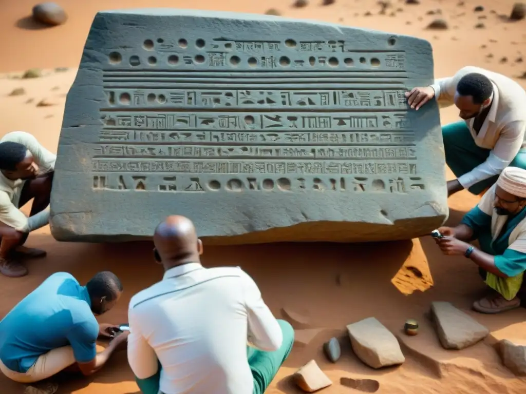 Grupo de arqueólogos estudiando inscripciones antiguas africanas en piedra, con lupa y cuadernos, en intensa concentración