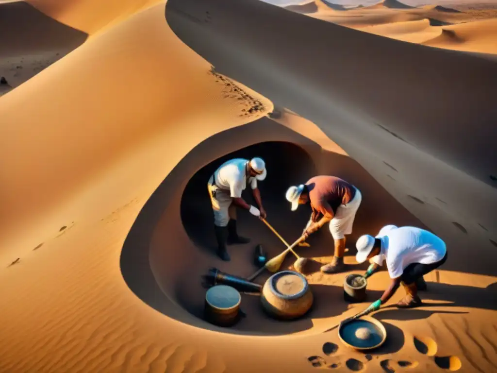 Un grupo de arqueólogos excavando instrumentos musicales en civilizaciones africanas bajo el sol dorado del desierto