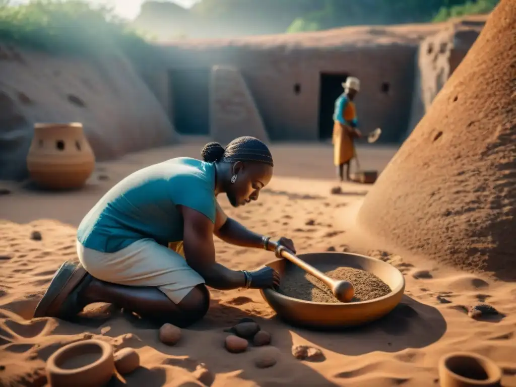 Grupo de arqueólogos excavando instrumentos musicales africanos antiguos bajo la cálida luz del sol, resaltando detalles únicos y culturales