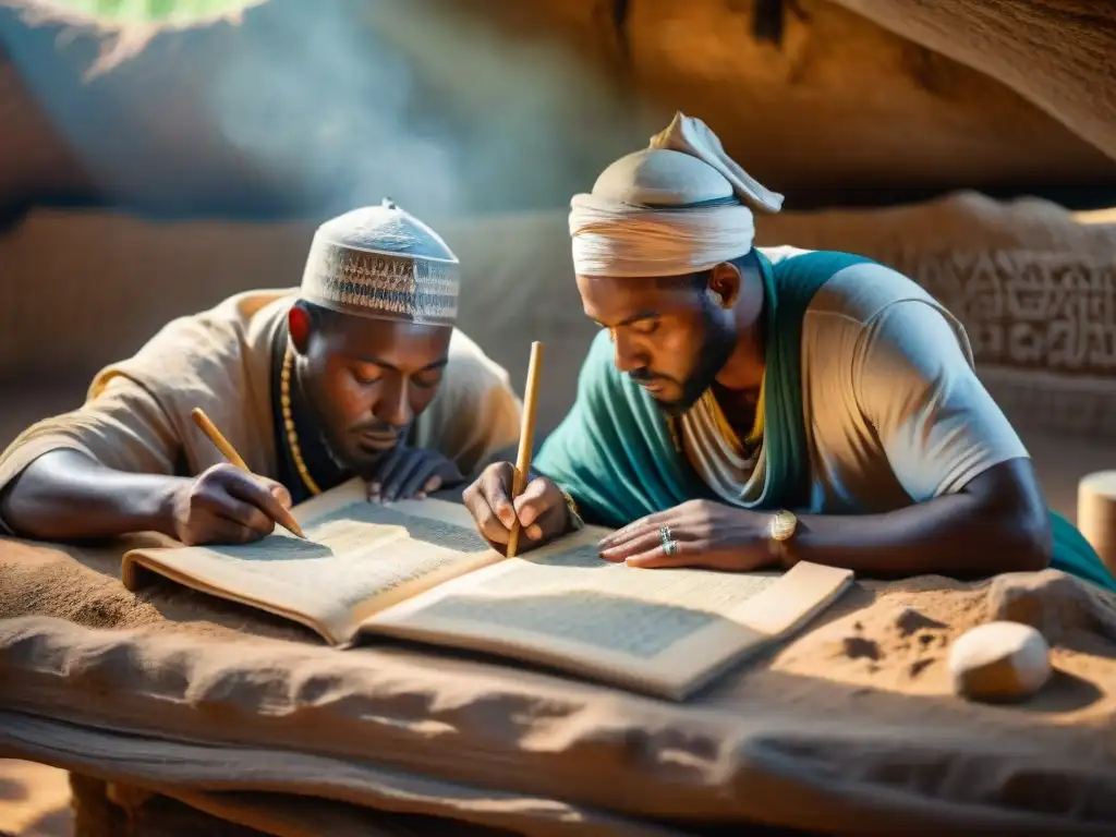 Grupo de arqueólogos excavando manuscritos antiguos de civilizaciones africanas en sitio arqueológico polvoriento