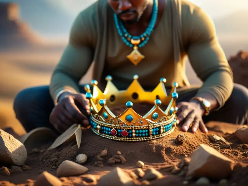 Excavación de corona dorada con símbolos africanos en sitio arqueológico Un grupo de arqueólogos excavando un tesoro recién descubierto: la corona de un rey africano, con símbolos y joyas, en un paisaje africano