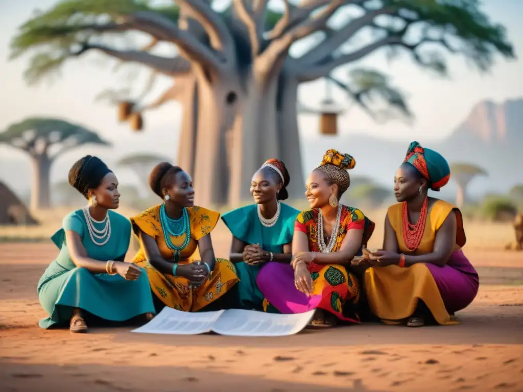 Un grupo de arquitectas africanas discuten bajo un baobab, resaltando la importancia del papel de la mujer en la arquitectura africana