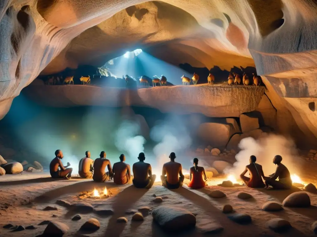 Pinturas rupestres de los San: legado ancestral en la cueva africana Grupo San creando arte rupestre en cueva del sur de África, destacando tradición ancestral