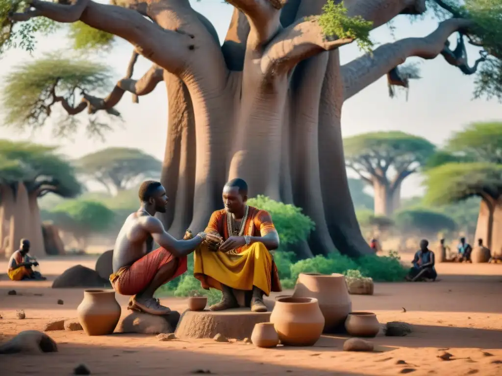 Grupo de artesanos africanos restaurando antiguo arte bajo baobab, rescatando patrimonio en medio de conflictos