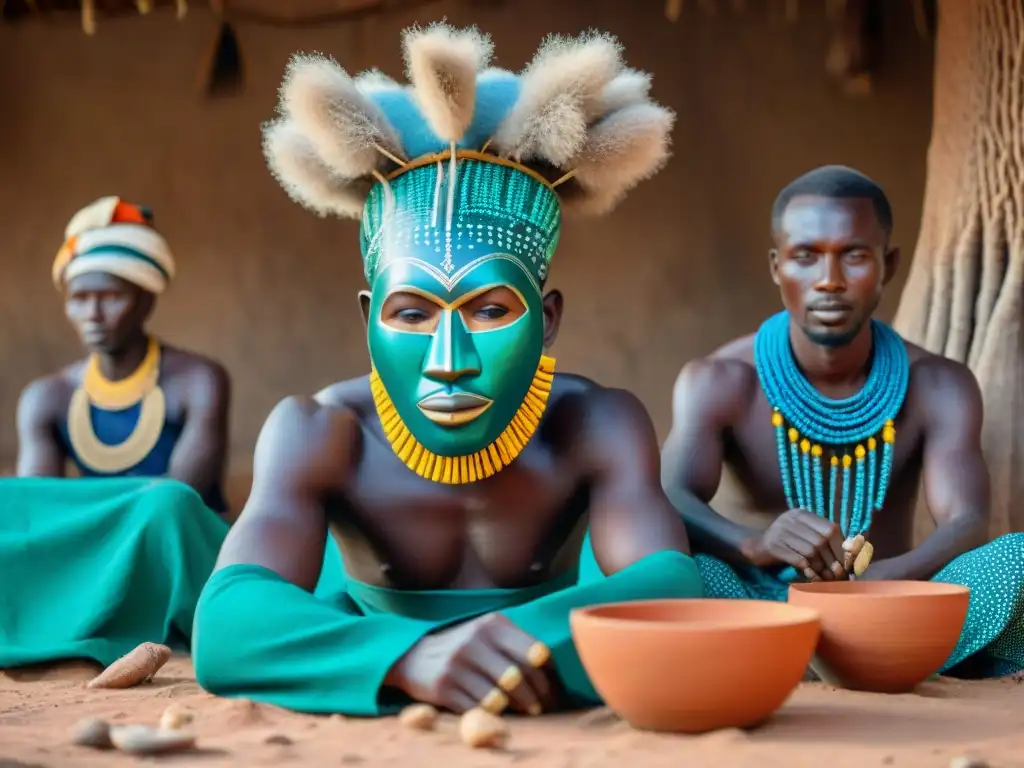 Un grupo de artesanos africanos creando máscaras tradicionales bajo un baobab, rodeados de textiles y cerámica