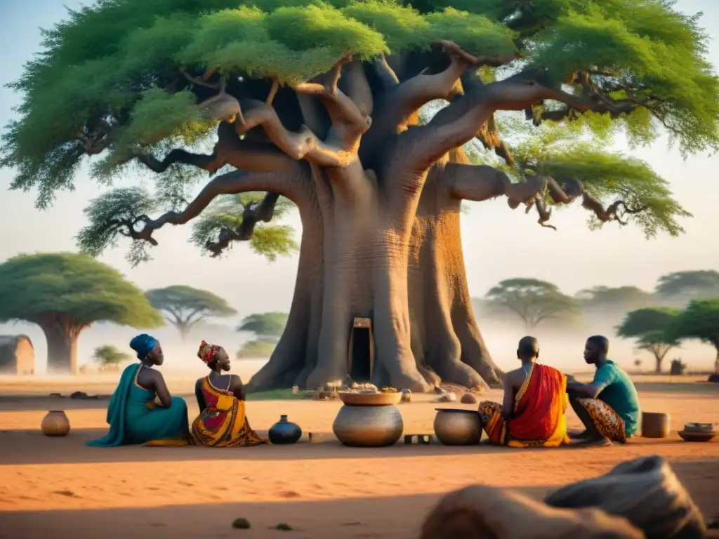 Un grupo de artesanos africanos creando telas tradicionales bajo un baobab, rodeados de colores y luz cálida