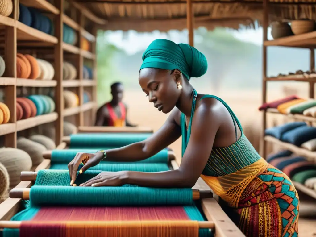 Un grupo de artesanos africanos tejiendo textiles coloridos con técnicas tradicionales, fusionando historia y moda