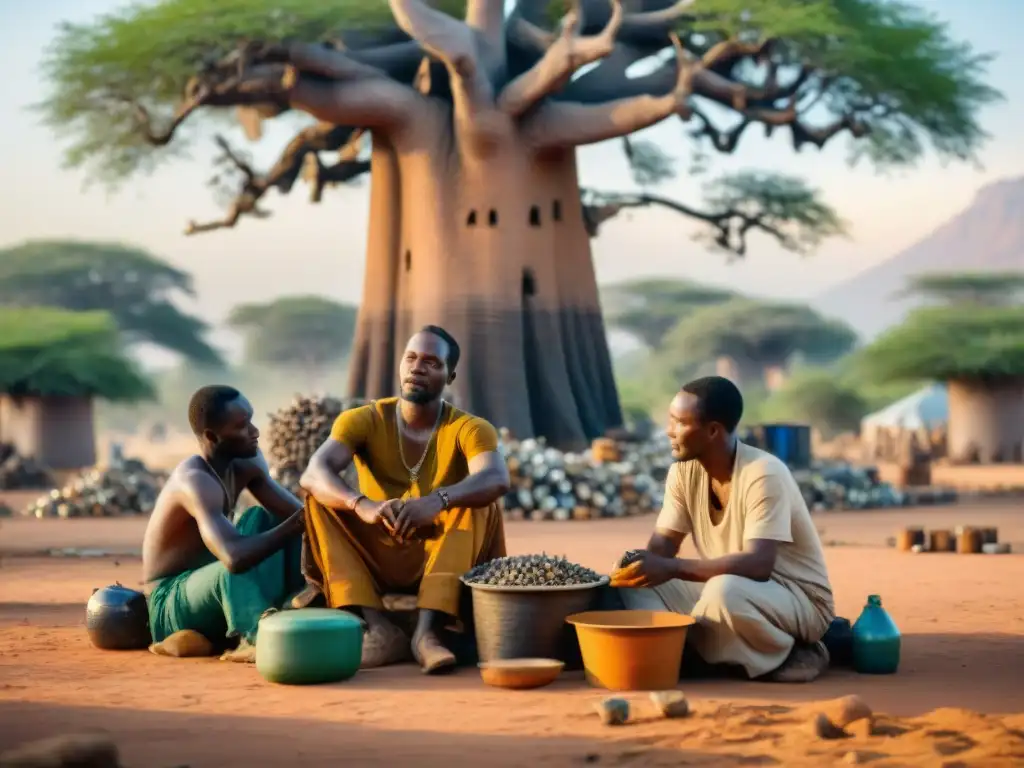 Un grupo de artesanos en África creando arte reciclado bajo un baobab al atardecer