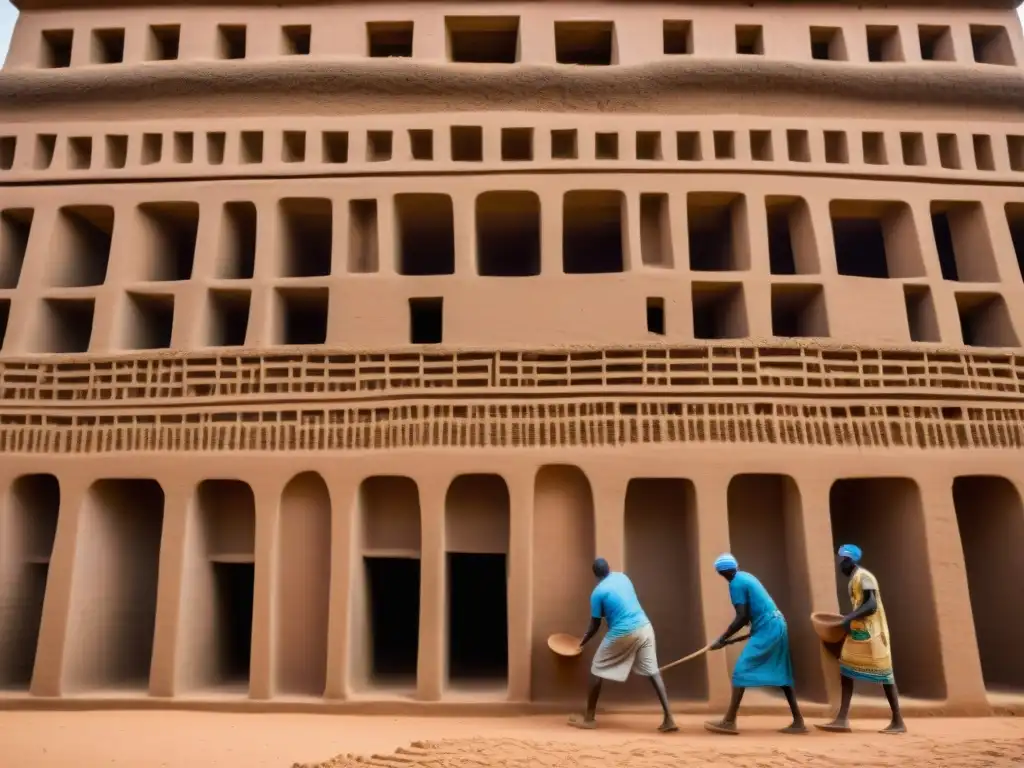 Grupo de artesanos construyendo una estructura de barro en Djenné, Mali, resaltando técnicas ancestrales