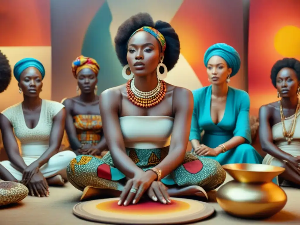 Arte africano: mujeres artistas crean legado cultural Grupo de artistas africanas creando arte en un estudio tradicional, resaltando la importancia mujeres arte africano