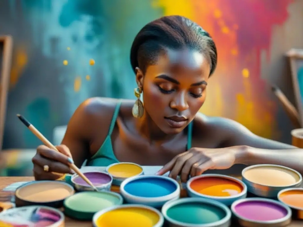 Un grupo de artistas africanas crea arte vibrante y poderoso, rodeadas de paletas de colores y patrones tradicionales