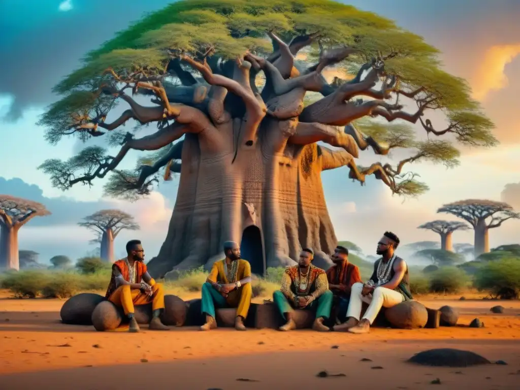 Un grupo de artistas africanos creando arte digital futurista bajo un baobab