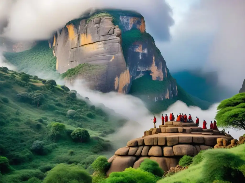 Un grupo de artistas africanos tallando diseños en una montaña, simbolizando la fusión del arte con la naturaleza