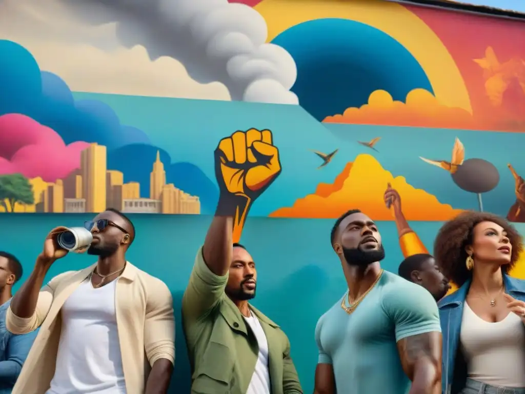 Grupo de artistas africanos pintando mural revolucionario en ciudad, reflejando importancia del arte en revoluciones africanas