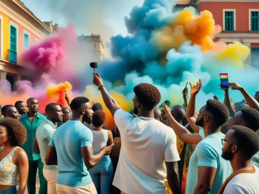 Grupo de artistas africanos pintando murales en una plaza urbana, transmitiendo unidad y esperanza