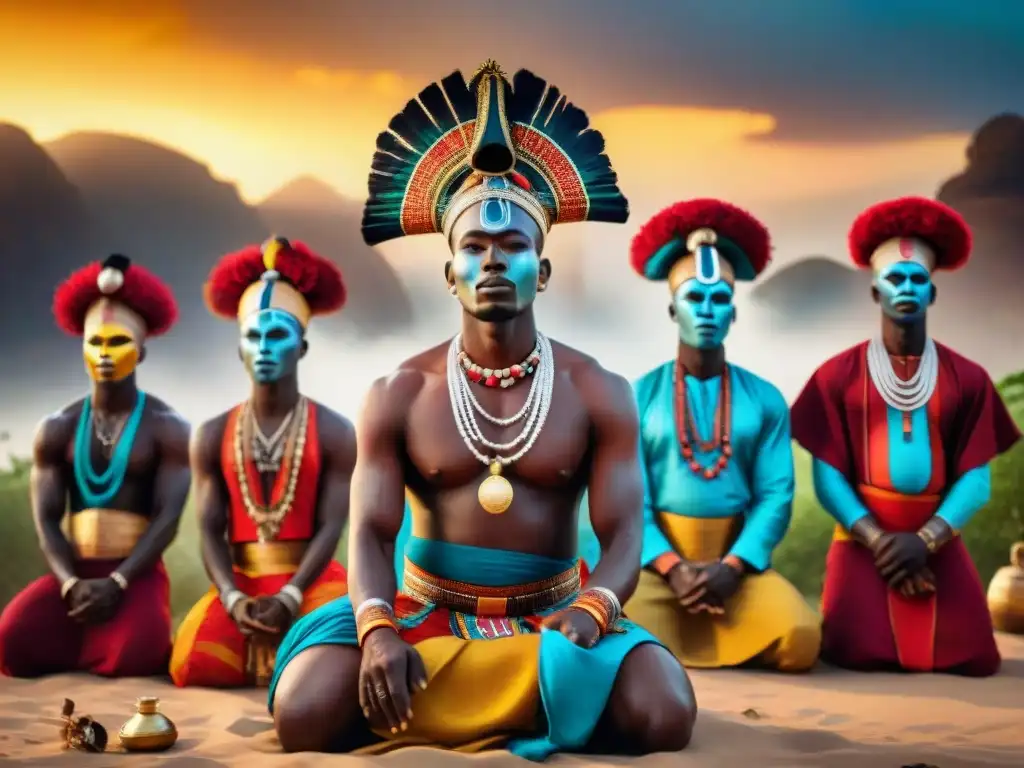 Ritual africano al atardecer: colores y texturas auténticas Grupo de artistas africanos en un ritual al atardecer, con máscaras coloridas y vestimenta ceremonial