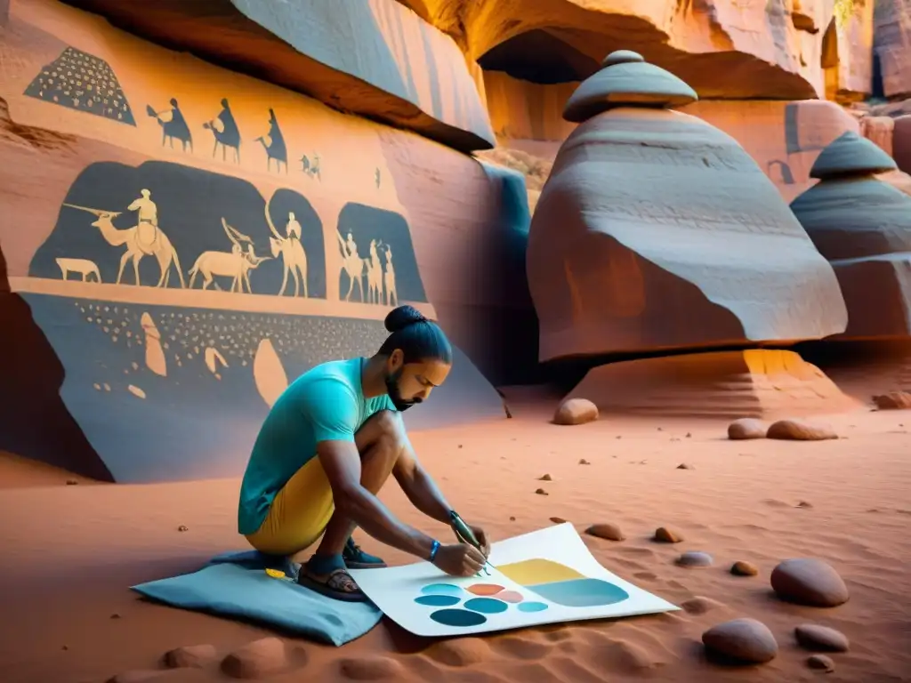 Grupo de artistas contemporáneos creando en Tassili n'Ajjer, fusionando cultura y arqueología en un escenario inspirador