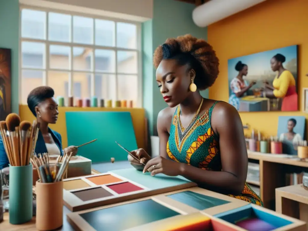 Grupo de artistas femeninas africanas creando en un estudio vibrante en Lagos, Nigeria