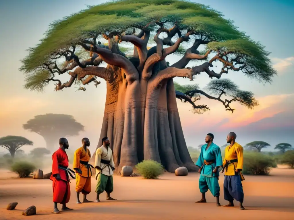 Grupo de artistas marciales africanos exhibiendo tradición bajo baobab milenario