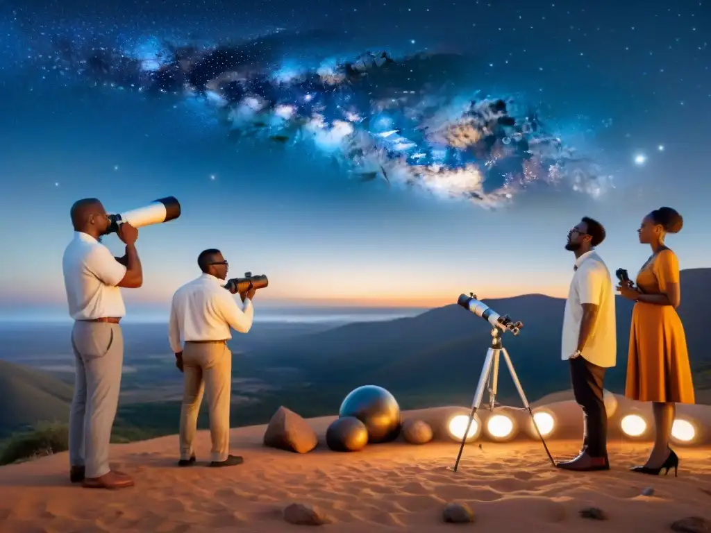 Astrofísicos africanos investigan bajo el cielo estrellado Grupo de astrofísicos africanos investigando bajo un cielo estrellado, fusionando cosmología africana e física moderna