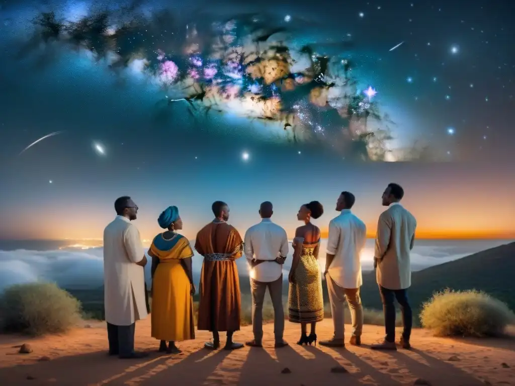 Científicos africanos debaten bajo las estrellas Un grupo de astrofísicos y etnógrafos africanos discuten bajo el cielo estrellado, fusionando cosmología africana con física moderna